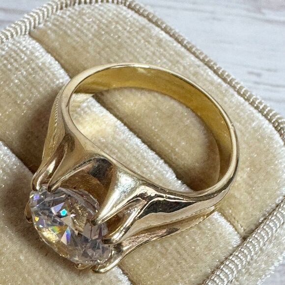 Retro Unisex Solitaire Gold Plated Ring Large Stone Wide Band Size 8.5 - Picture 3 of 11